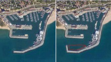 Foto satelital (google earth) del puerto de Arenys. A la derecha, la simulación 