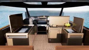 La cocina exterior de la Fjord 53XL es todo un lujo, con doble mueble 'walkaround' para quemadores, fregaderos, armarios y hasta 530 litros de frío. Mar Abierto La cocina exterior de la Fjord 53XL es todo un lujo, con doble muebl