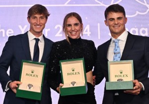 Florian Trittel, Marit Bouwmeester y Diego Botín con sus relojes Rolex conmemora